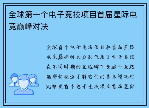 全球第一个电子竞技项目首届星际电竞巅峰对决